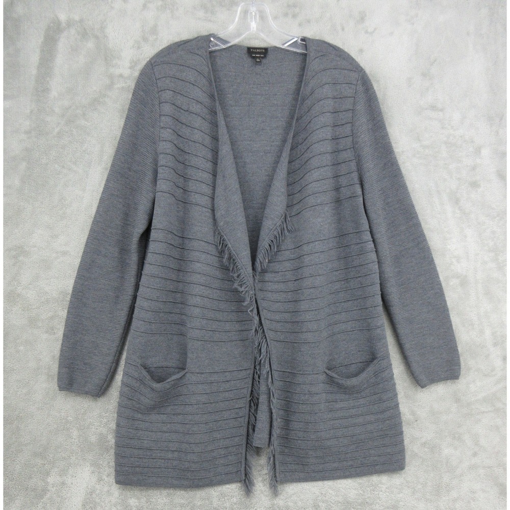 Talbots Cardigan Womens Size L Merino Wool Fringe Open Front Cozy Quiet Luxury